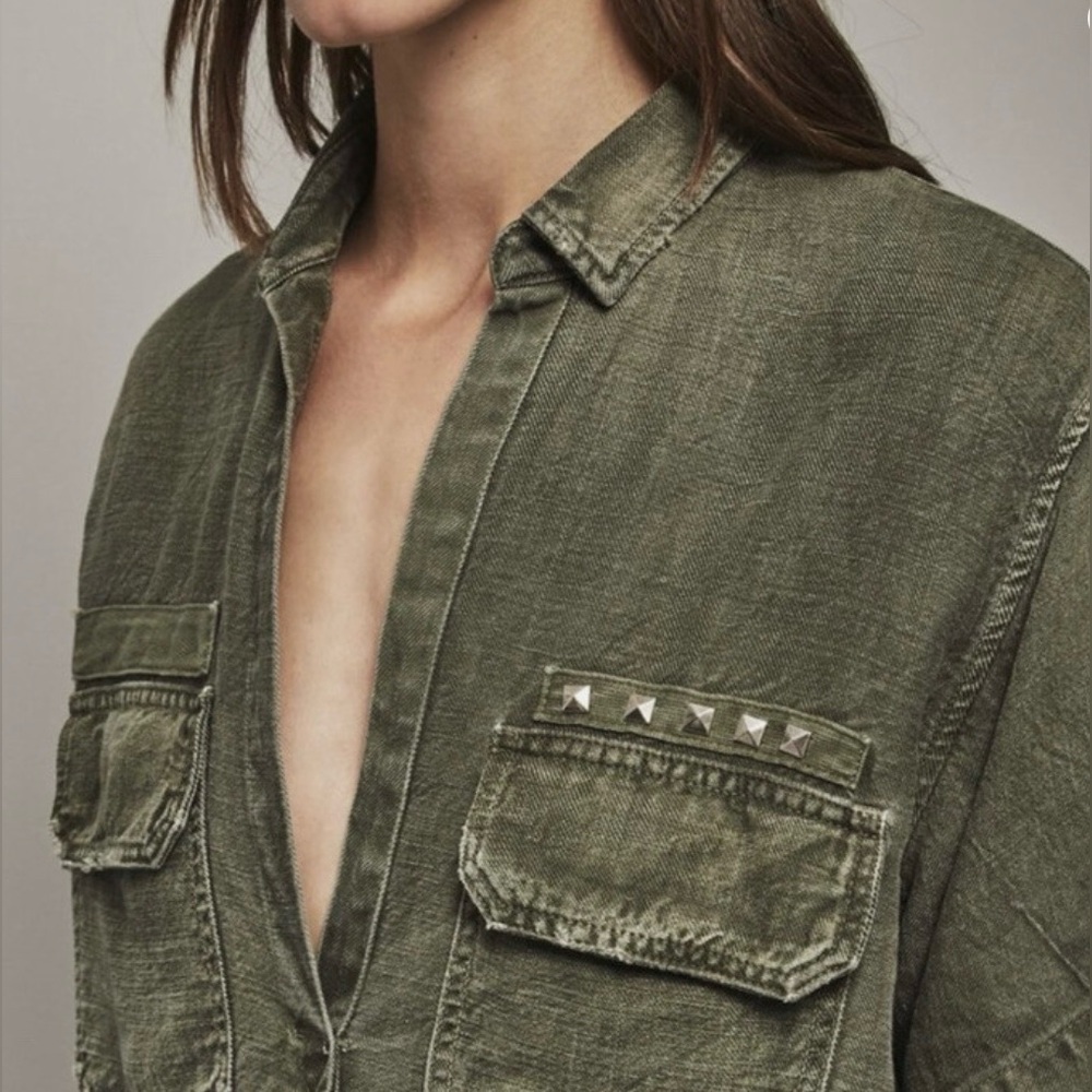 Adriano Goldschmied Anson V-neck Top Army Olive Green Tencel Linen Studded L - Picture 3 of 6